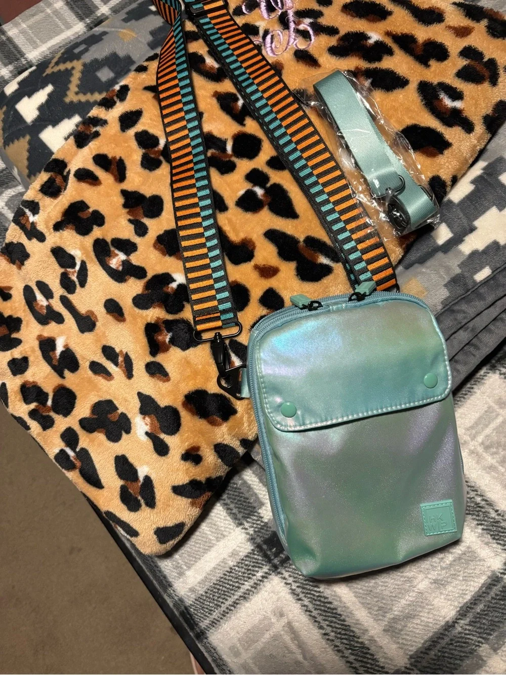 IHKWIP Iridescent Mint Crossbody Bag with Striped Adjustable Strap